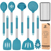 BUNDLEPRO front view of 8-piece blue utensil set and stainless holder, organized and space-saving