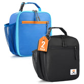 CaCTOUR front view of blue and black lunch bags showing sturdy zipper and compact shape for easy packing