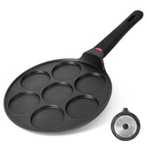 CAINFY front view of 10.5-inch pan showing seven cooking molds and handle for faster breakfasts