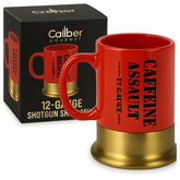 Caliber Gourmet front view of red shotgun shell mug shows bold finish and gift appeal