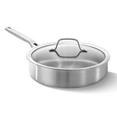 Calphalon brushed 3‑ply sauté pan front view showing polished finish and capacity benefit
