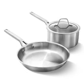 Calphalon brushed stainless front view showing both pans and lid for kitchen readiness