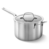 Calphalon front view with lid showing professional finish and quick heating benefit