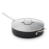 Calphalon front view of 5-Qt sauté pan showing lid and shape for versatile cooking