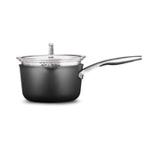 Calphalon front view of saucepan showing pour-and-strain lid and benefits