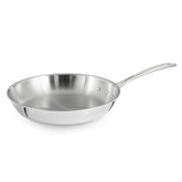 Calphalon omelette fry pan front view showing brushed exterior and long handle for stylish serving