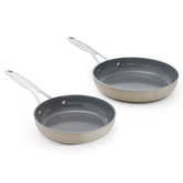Calphalon pan set front view showing mushroom grey finish and clean design benefit