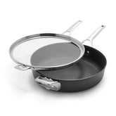 Calphalon front view showing compact 8-piece set and space-saving benefit