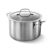 Calphalon stock pot front view showing brushed stainless and lid for professional appearance