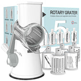 Cambom front view of rotary grater showing compact white design and handle for easy use