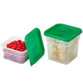 Cambro classic square front view showing clear container and green lid, durable storage benefit