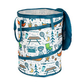 Camco pop-up container front view shows full-size capacity and camping print for tidy campsites