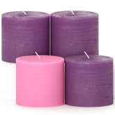CANDWAX front view of four advent pillar candles showing rustic finish and solid colors