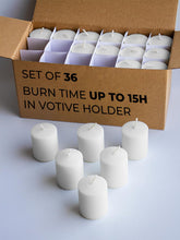CANDWAX front view of 36 white votive candles pack showing quantity and clean design