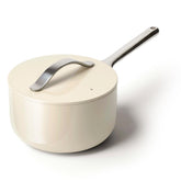 Caraway front view of 3 qt saucepan showing sleek design and easy cleanup benefit