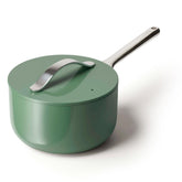 Caraway front view of saucepan showing color and compact design benefit