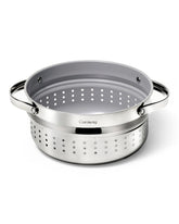 Caraway steamer front view showing polished stainless steel and sturdy handles for easy lift