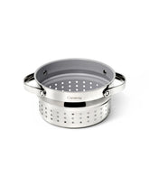 Caraway steamer front view showing sleek stainless construction and handles for safe lifting