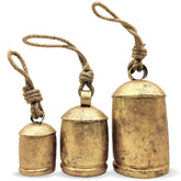 Carfar front view of three medium bells showing rustic brass finish and jute rope for instant decor