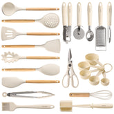 CAROTE front view of 22-piece cream utensil set showing full collection and style