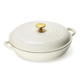 CAROTE braiser front view showing white enamel and handles, durable cookware benefit