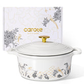 CAROTE front view of floral enameled Dutch oven showing design and durability