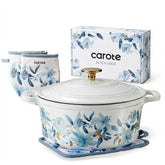CAROTE front view of floral Dutch oven showing decorative enamel and capacity