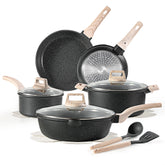 CAROTE front view of full 14-piece set showing cookware and lids for versatile cooking