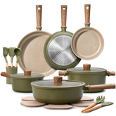 CAROTE front view of full green 21-piece cookware set showing included items and benefit of completeness