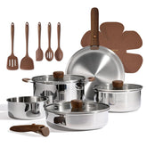 CAROTE front view of 19-piece set showing all pots and pans for complete kitchen benefit