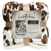 Carstens front view of tri-color cowhide throw showing pattern and size benefit