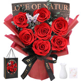 Casaido front view bouquet showing seven red roses and greenery, long-lasting gift