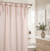 CasaTena front view of pink striped shower curtain showing elegant finish and instant style