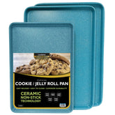 casaWare front view of 3-piece cookie sheet set showing blue granite finish and utility