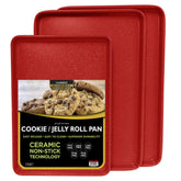 casaWare front view of red granite cookie sheet set showing pans and finish with durable build