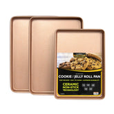 casaWare front view of rose gold granite cookie sheets showing stylish finish and durability