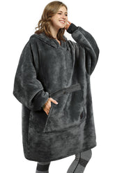 Catalonia front view of oversized sherpa hoodie blanket showing roomy fit and hood for warmth