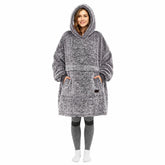 Catalonia front view of oversized blanket hoodie showing roomy fit and hood, promotes cozy warmth