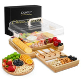 CAWIU bamboo charcuterie board front view shows elegant cream finish and portability benefit