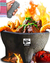 CEMPASUCHIL front view of three-piece molcajete set showing rustic finish and serving use