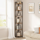 Cerlyunzan front view showing tall 6-tier corner bookshelf and storage benefit