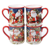 Certified International front view of four festive mugs showing Santa and animals and cheerful table display