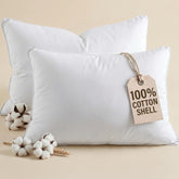 CGK Unlimited front view of two queen pillows showing clean white cover and value