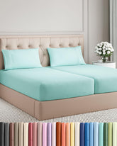 CGK Unlimited front packaging of spa blue sheet set showing included pieces and color benefits