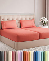 CGK Unlimited front packaging of split king coral sheet set showing included pieces and benefit of clear contents