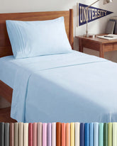 CGK Unlimited front view of Twin XL light blue sheet set showing neat fit and color