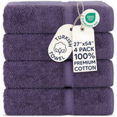 Chakir Turkish Linens front view of 4-pack plum towels shows coordinated set benefit
