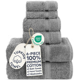 Chakir Turkish Linens front packaging showing gray 6-piece set and matching design benefits