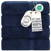 Chakir Turkish Linens front packaging navy showing four towels and value