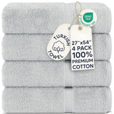 Chakir Turkish Linens front packaging in silver gray showing 4 towels and neat banded border